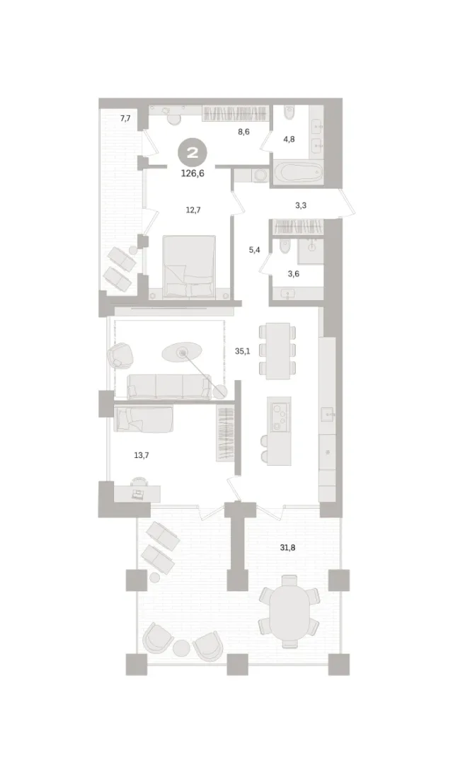 2 комн. Квартира 126.6 кв. м