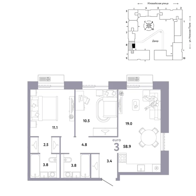 3 комн. Квартира 58.9 кв. м