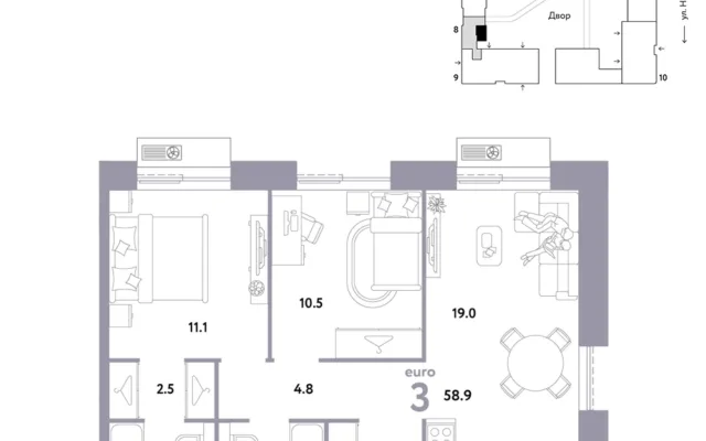 3 комн. Квартира 58.9 кв. м, Москва
