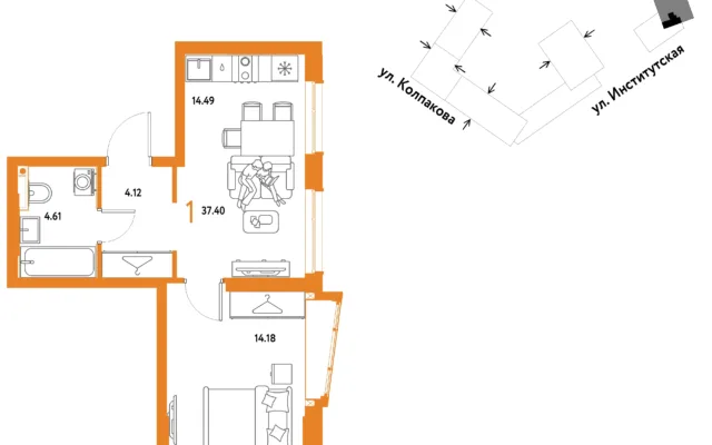 1 комн. Квартира 37.4 кв. м, Москва