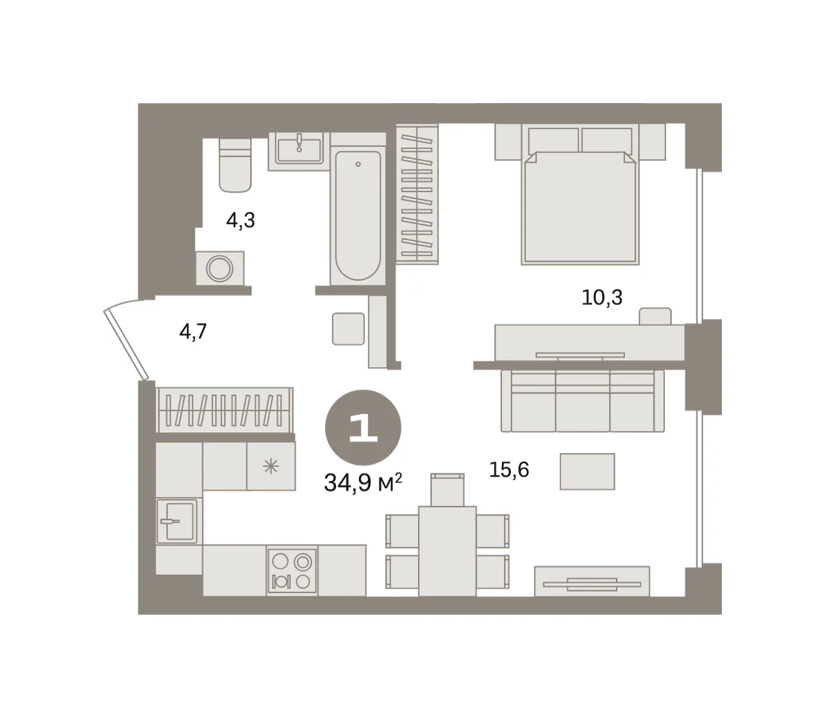 1 комн. Квартира 34.9 кв. м