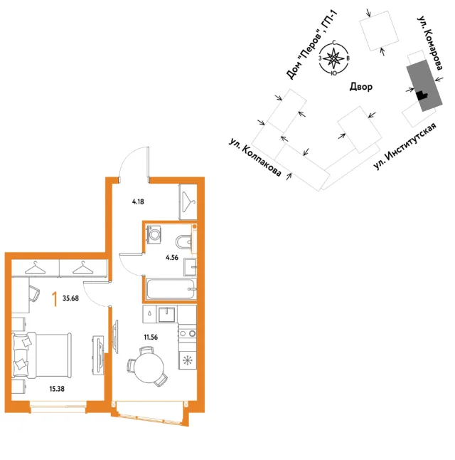 1 комн. Квартира 35.7 кв. м
