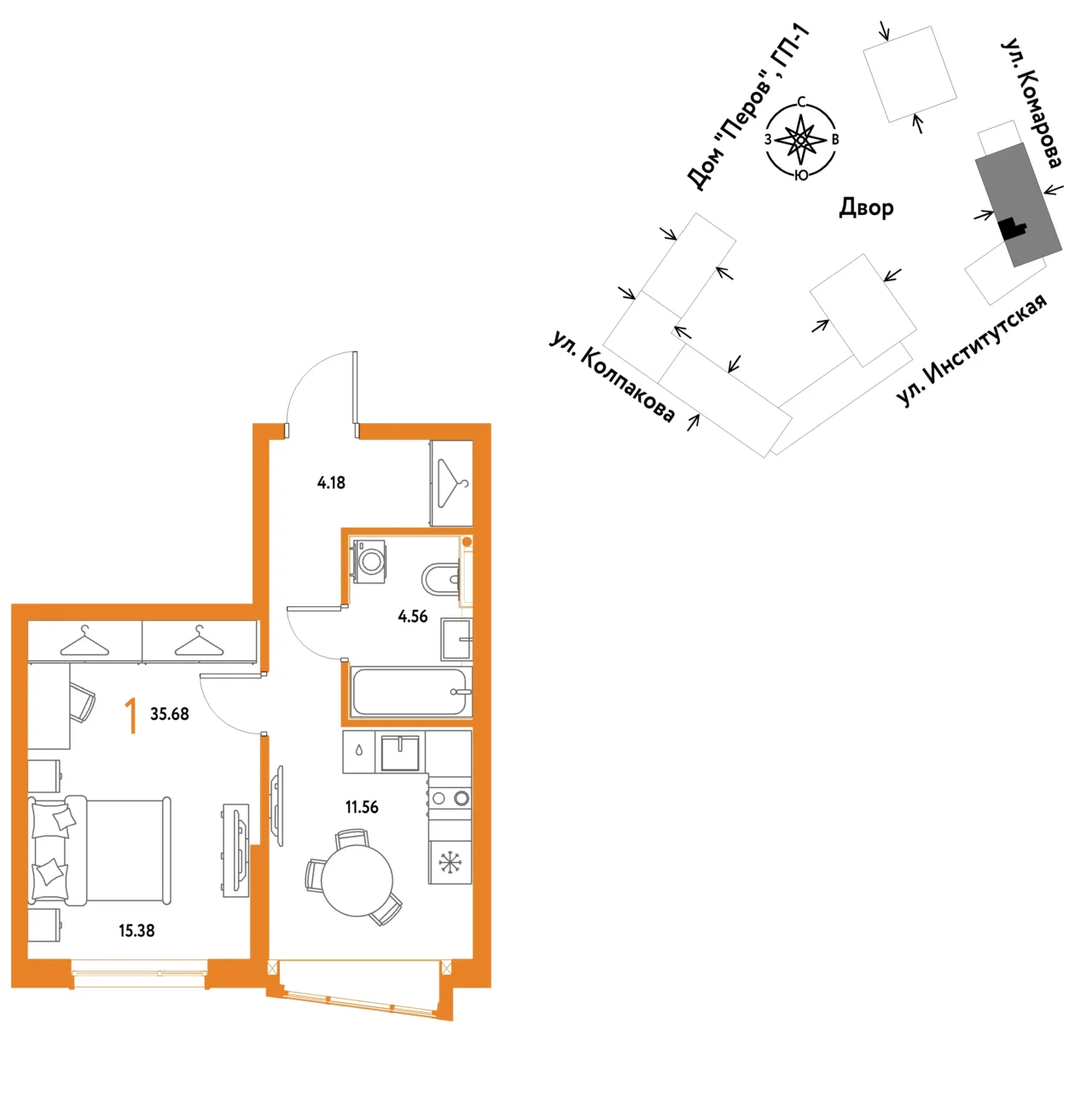 1 комн. Квартира 35.7 кв. м