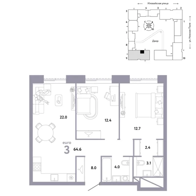 3 комн. Квартира 64.6 кв. м