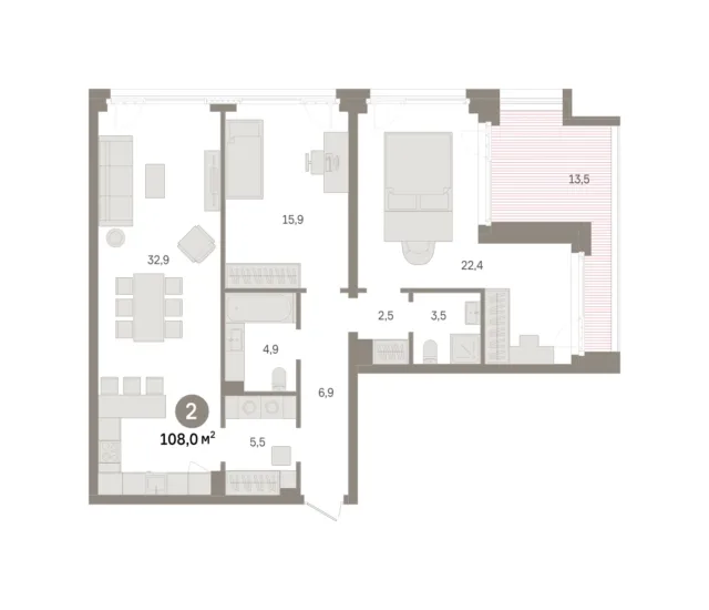 2 комн. Квартира 108 кв. м