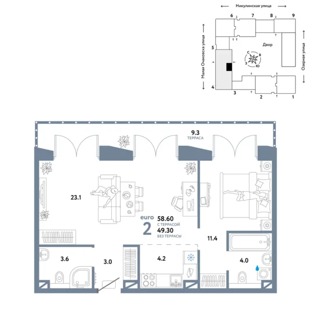 2 комн. Квартира 58.6 кв. м