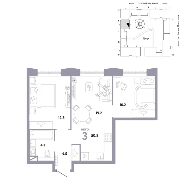 3 комн. Квартира 50.8 кв. м