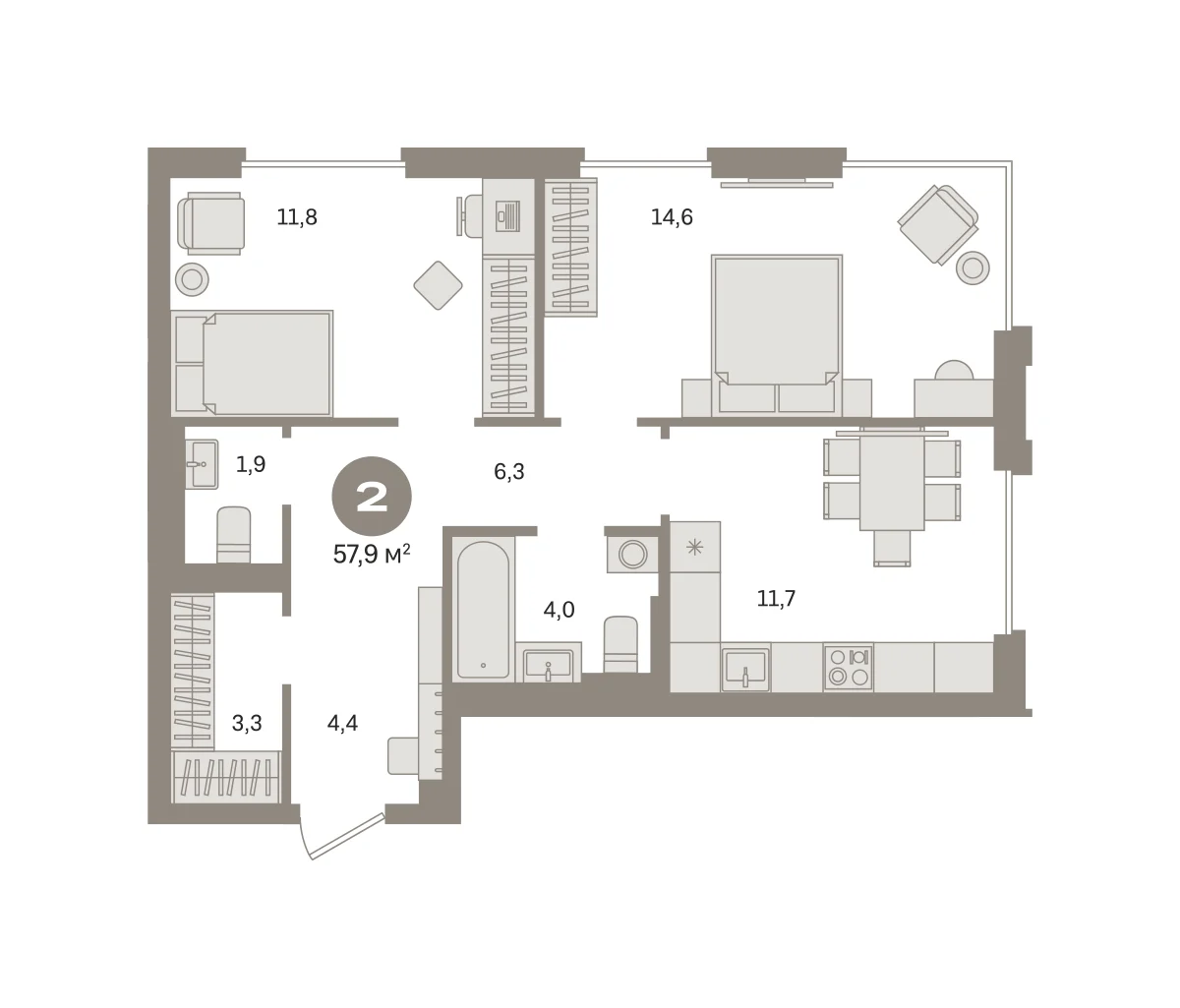 2 комн. Квартира 57.9 кв. м