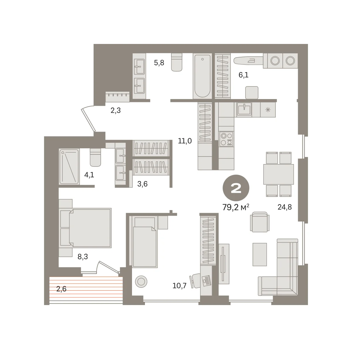 2 комн. Квартира 79.2 кв. м