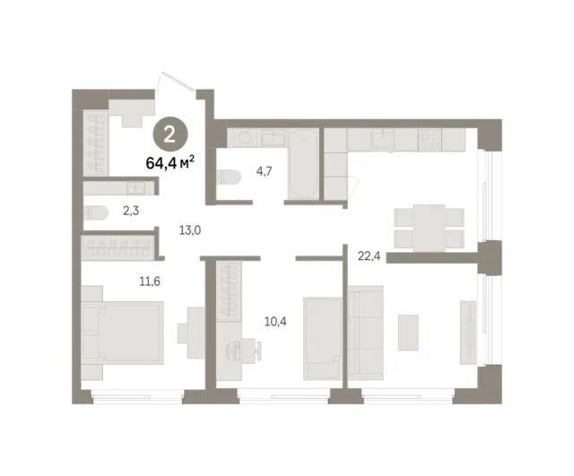 2 комн. Квартира 64.4 кв. м