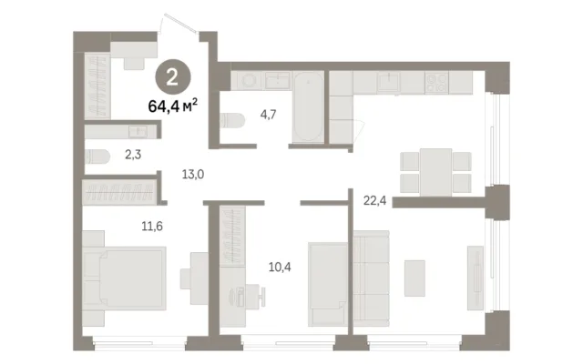 2 комн. Квартира 64.4 кв. м, Московская область Москва
