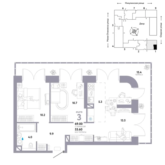 3 комн. Квартира 68.6 кв. м
