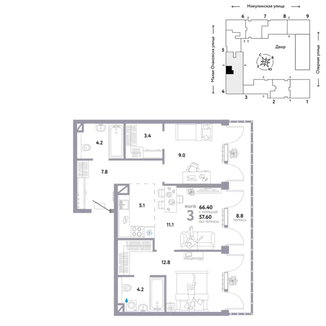 3 комн. Квартира 66.3 кв. м