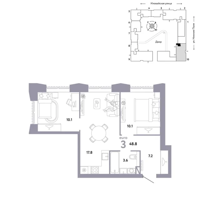 3 комн. Квартира 48.8 кв. м