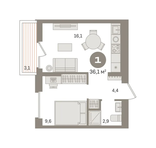1 комн. Квартира 36 кв. м