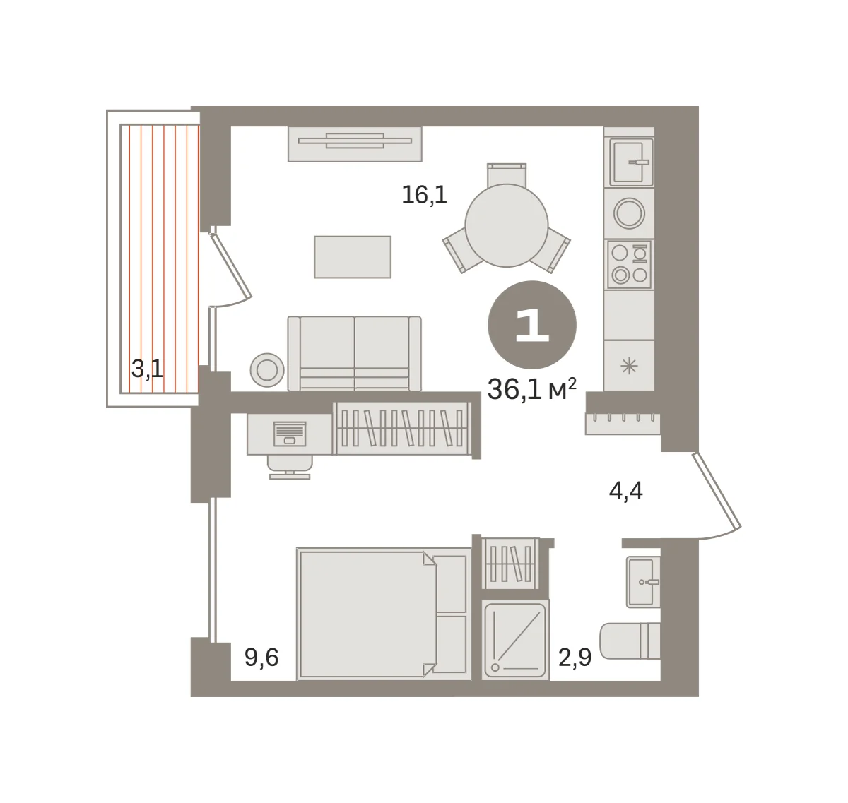 1 комн. Квартира 36 кв. м