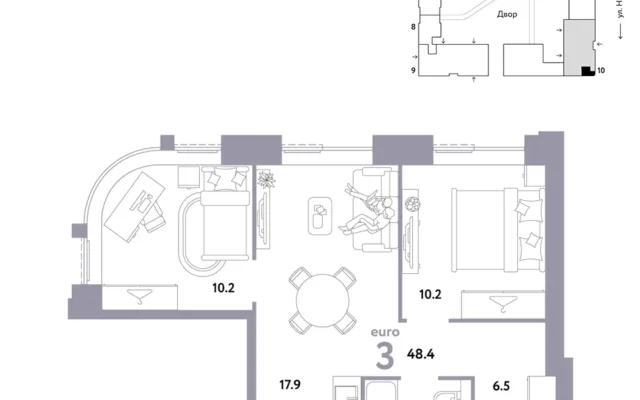 3 комн. Квартира 48.4 кв. м, Москва