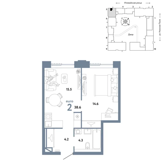 2 комн. Квартира 38.6 кв. м