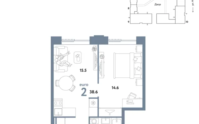 2 комн. Квартира 38.6 кв. м, Москва