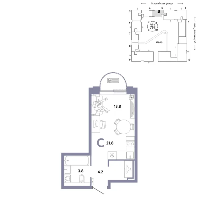 1 комн. Квартира 21.8 кв. м