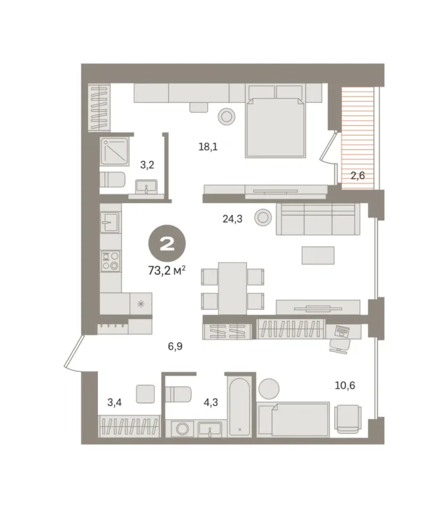 2 комн. Квартира 73.2 кв. м