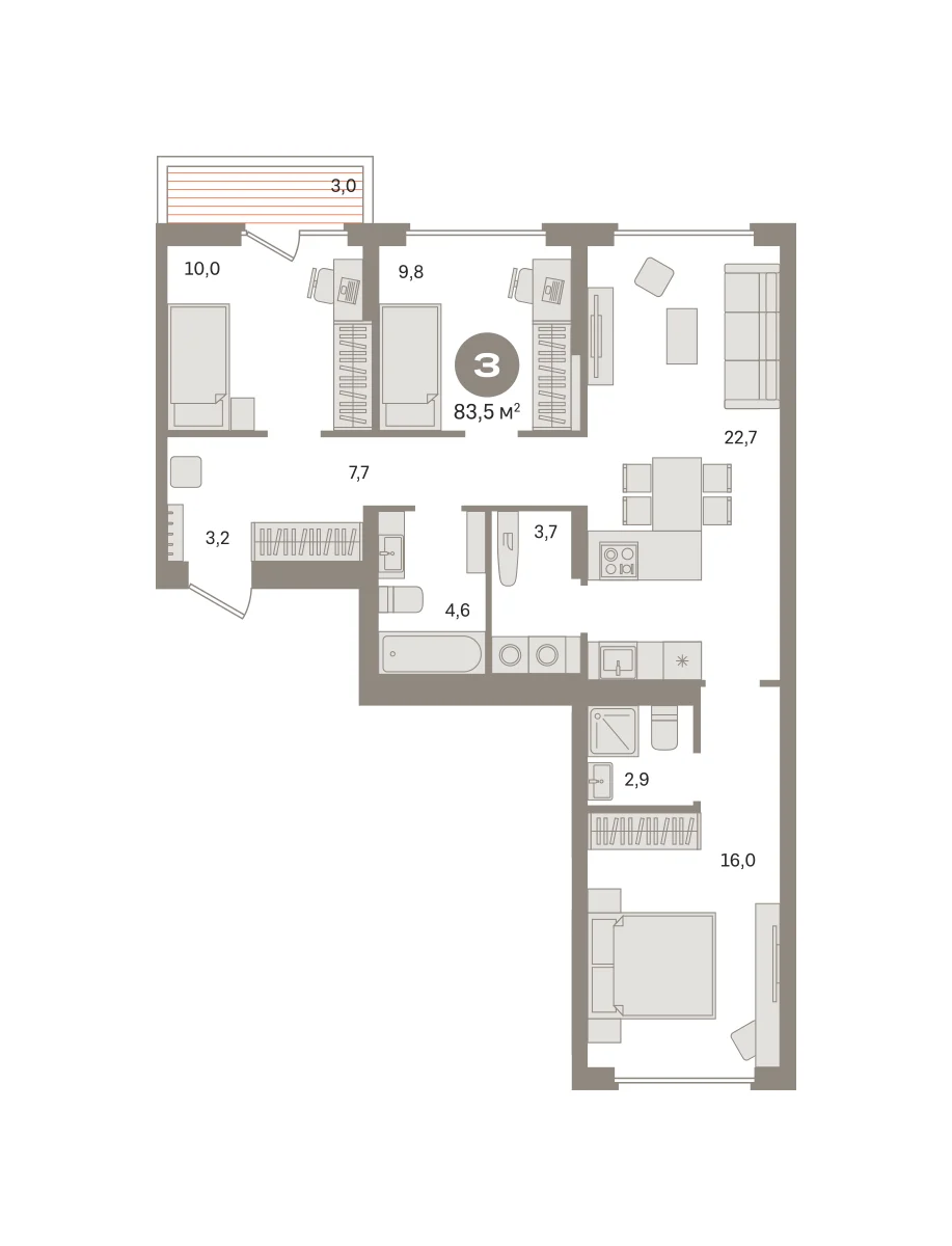 3 комн. Квартира 83.5 кв. м