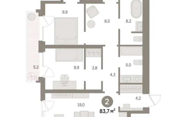 2 комн. Квартира 83.7 кв. м, Московская область Москва