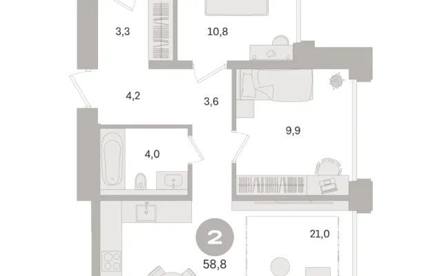 2 комн. Квартира 58.8 кв. м, Московская область Москва