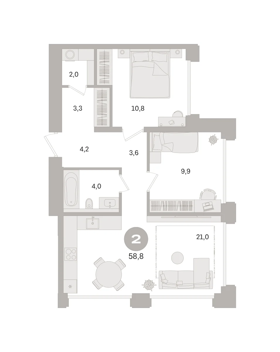 2 комн. Квартира 58.8 кв. м