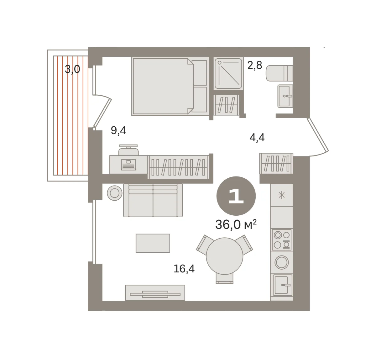 1 комн. Квартира 36 кв. м