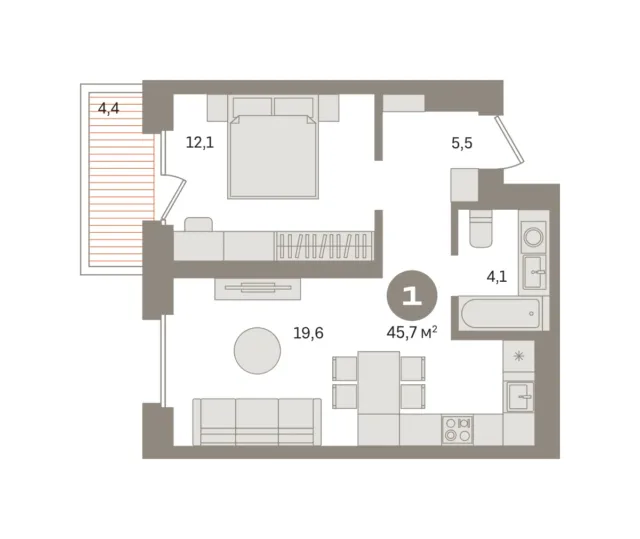 1 комн. Квартира 45.7 кв. м