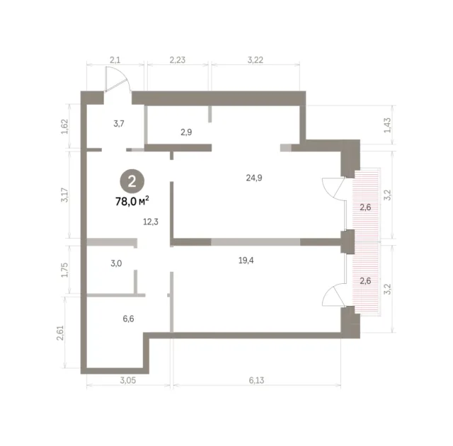 2 комн. Квартира 78 кв. м
