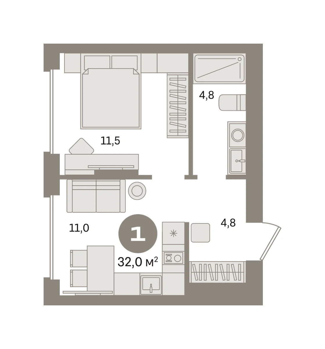 1 комн. Квартира 32 кв. м