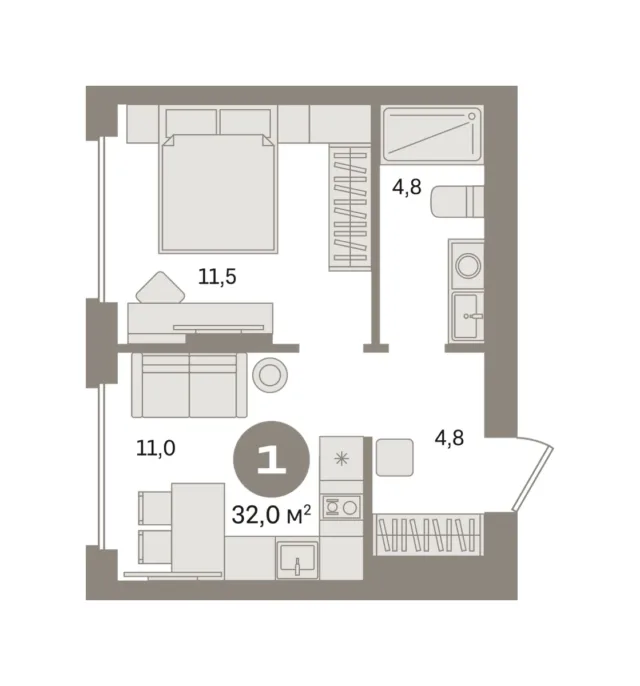 1 комн. Квартира 32 кв. м