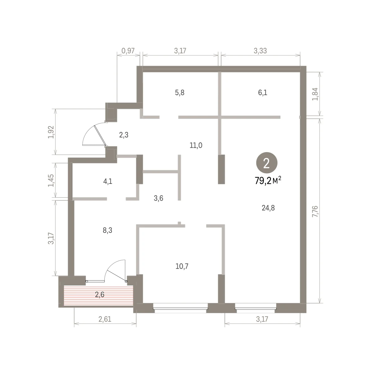 2 комн. Квартира 79.2 кв. м
