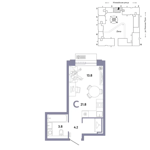 1 комн. Квартира 21.8 кв. м