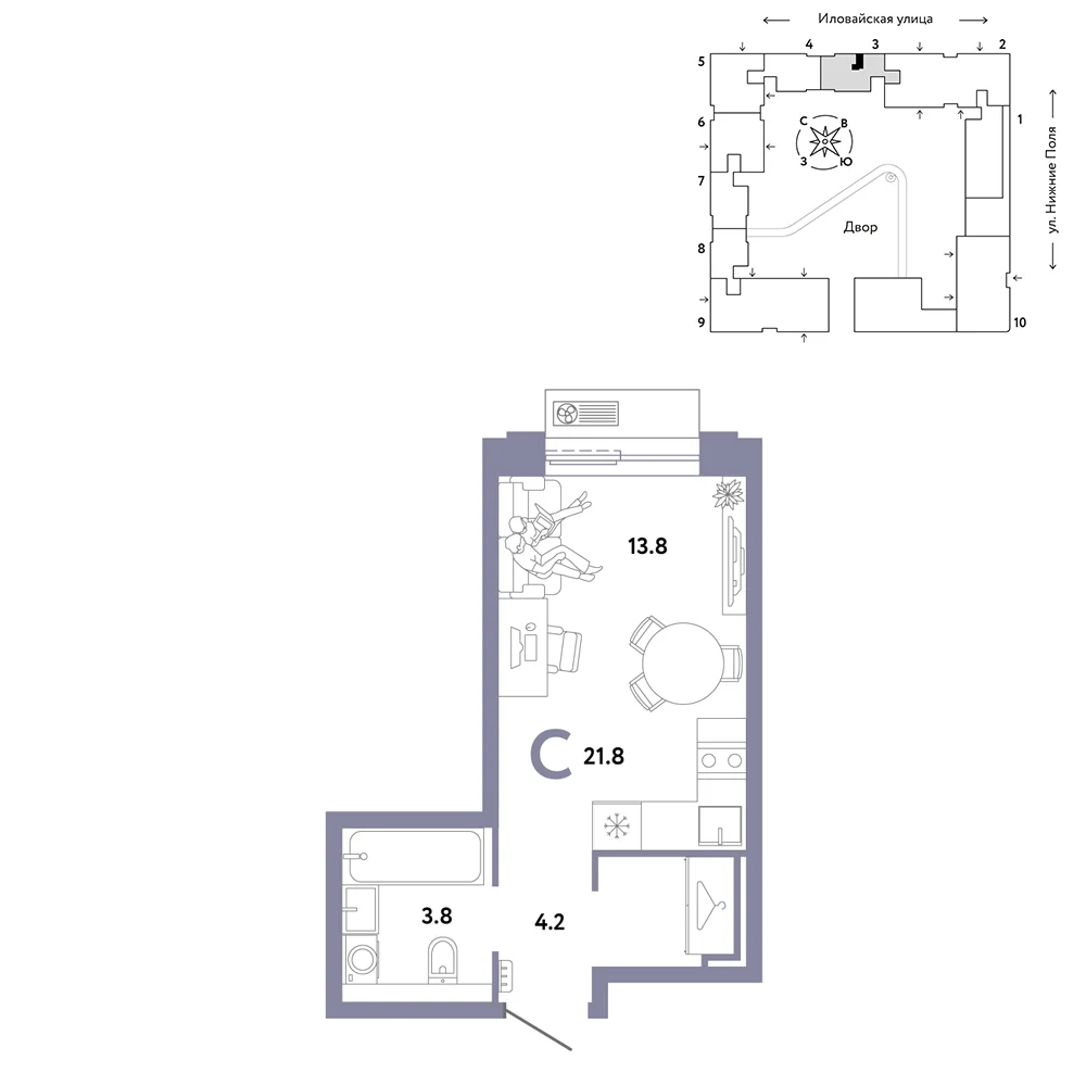 1 комн. Квартира 21.8 кв. м