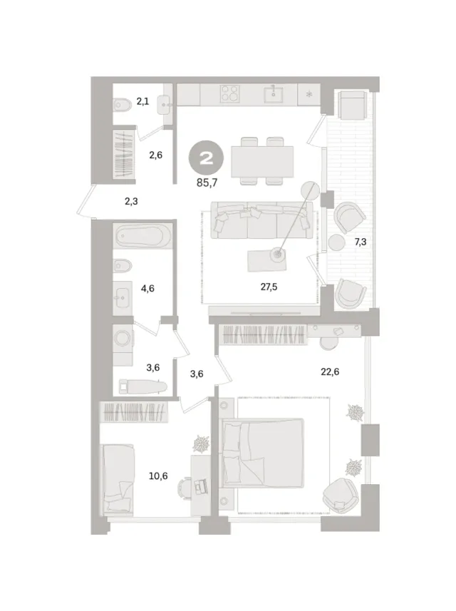 2 комн. Квартира 85.7 кв. м