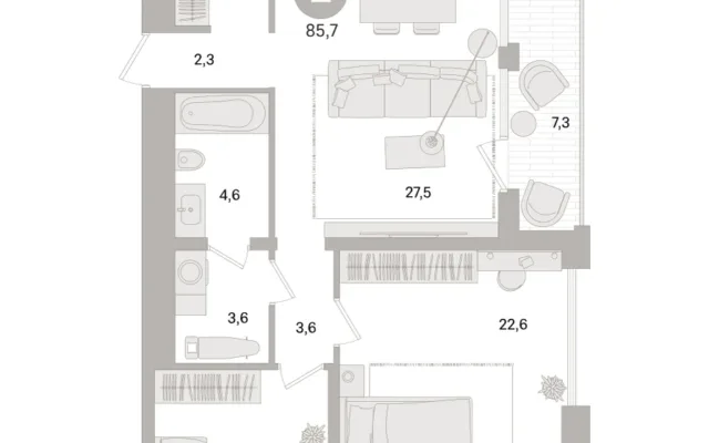 2 комн. Квартира 85.7 кв. м, Московская область Москва