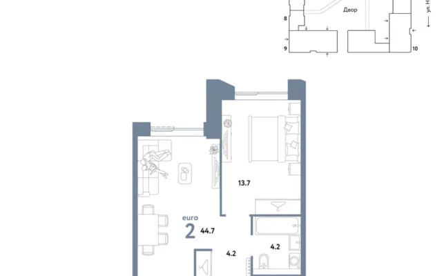 2 комн. Квартира 44.7 кв. м, Москва