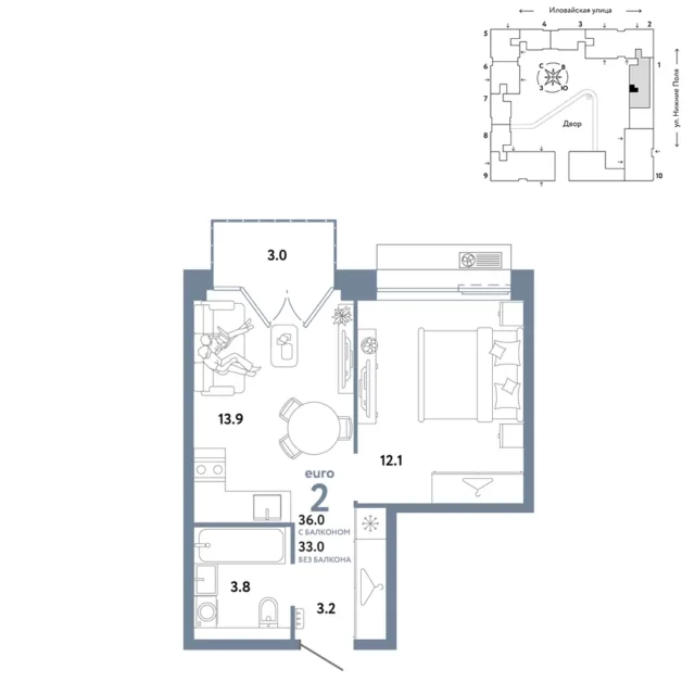 2 комн. Квартира 36 кв. м
