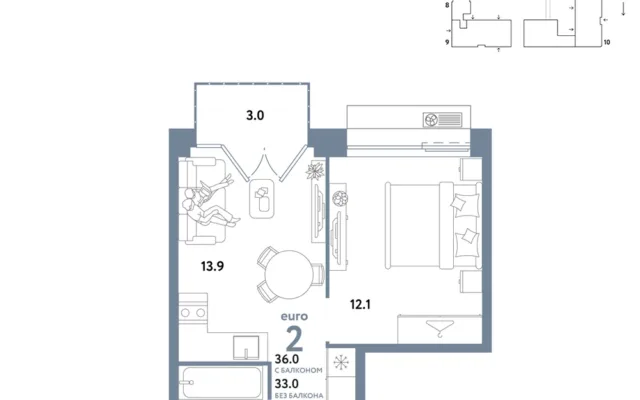 2 комн. Квартира 36 кв. м, Москва