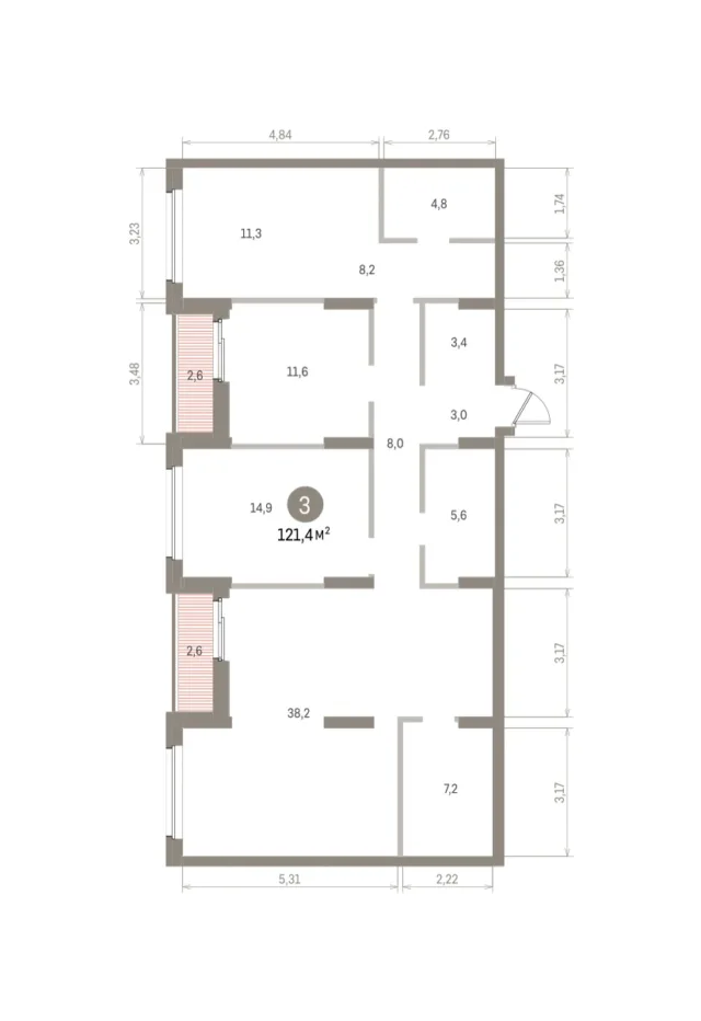 3 комн. Квартира 121.4 кв. м