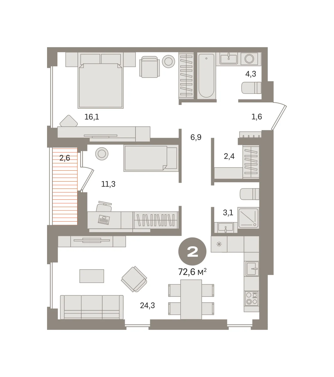 2 комн. Квартира 72.6 кв. м