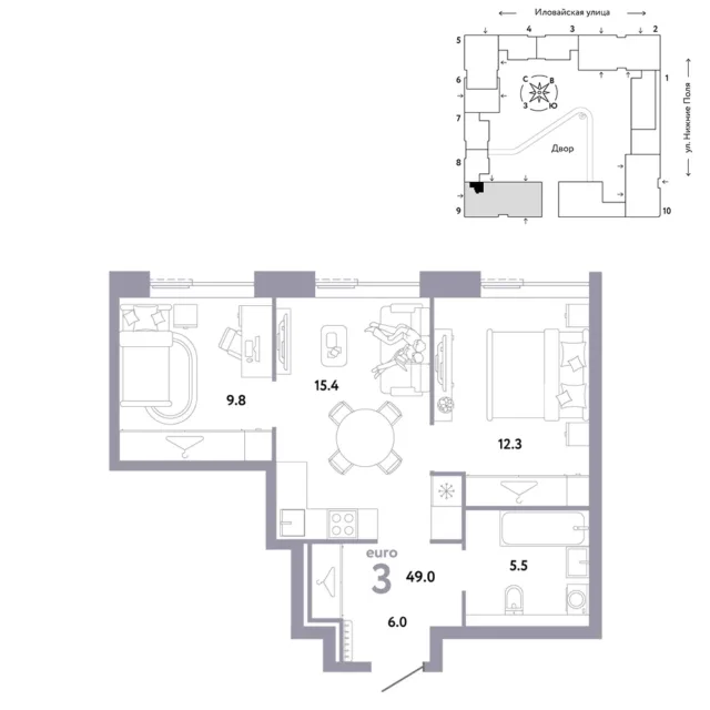 3 комн. Квартира 49 кв. м