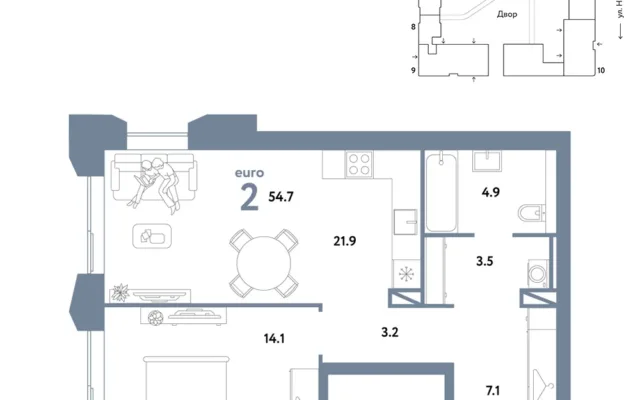 2 комн. Квартира 54.7 кв. м, Москва