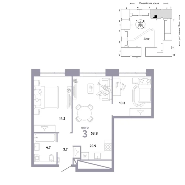 3 комн. Квартира 53.8 кв. м