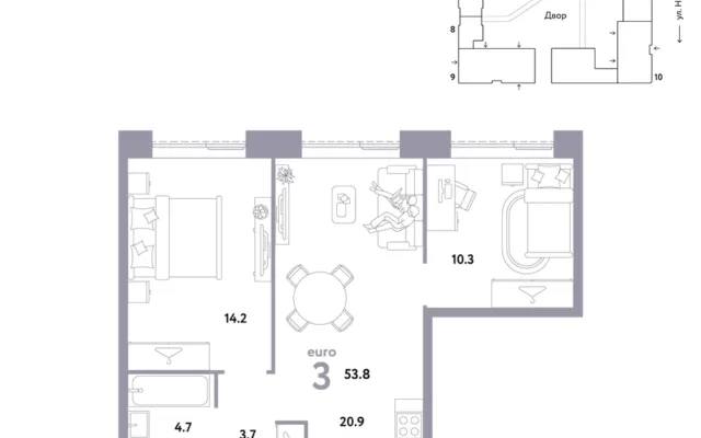 3 комн. Квартира 53.8 кв. м, Москва
