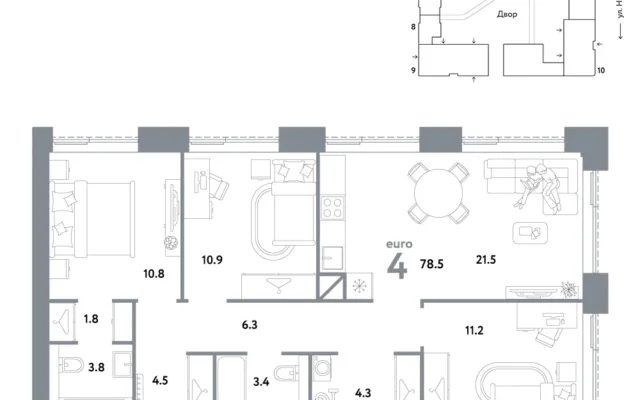 4 комн. Квартира 78.5 кв. м, Москва