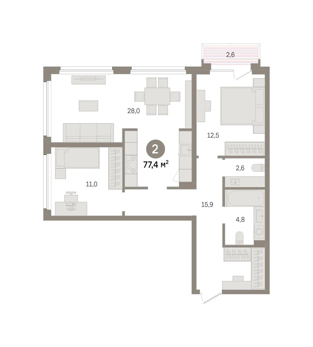 2 комн. Квартира 77.4 кв. м